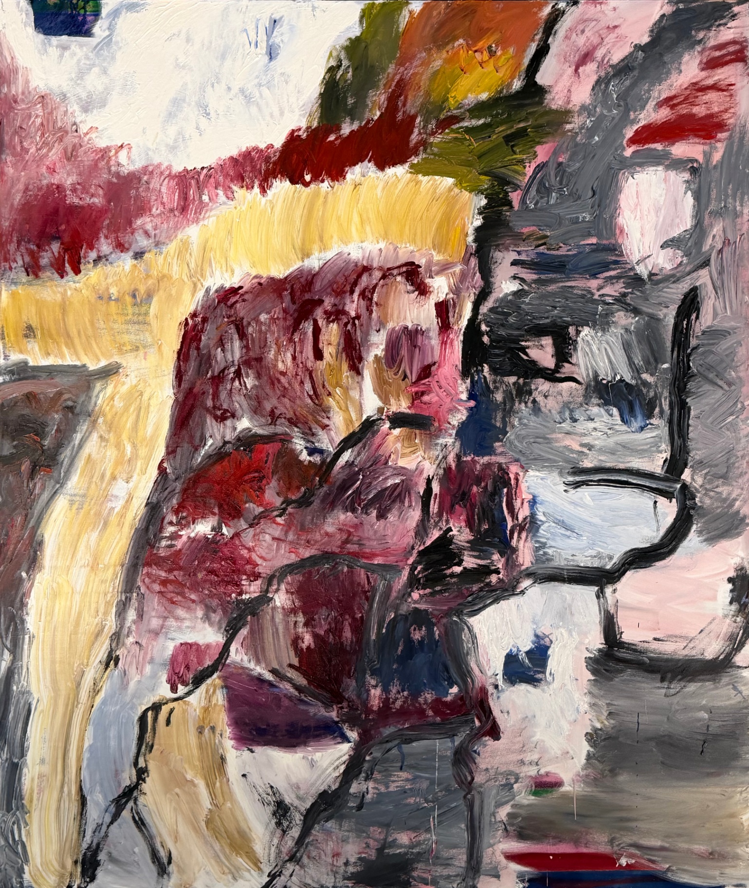 Untitled — abstract oil painting in reds, pink, yellow and grey by Gustav Hjelmgren