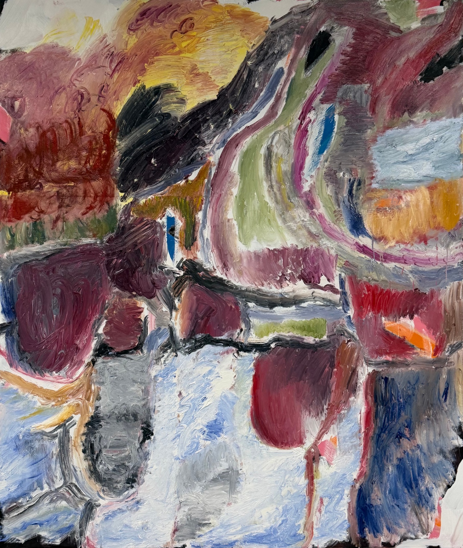 Untitled — abstract oil painting in burgundy, yellow and blue by Gustav Hjelmgren