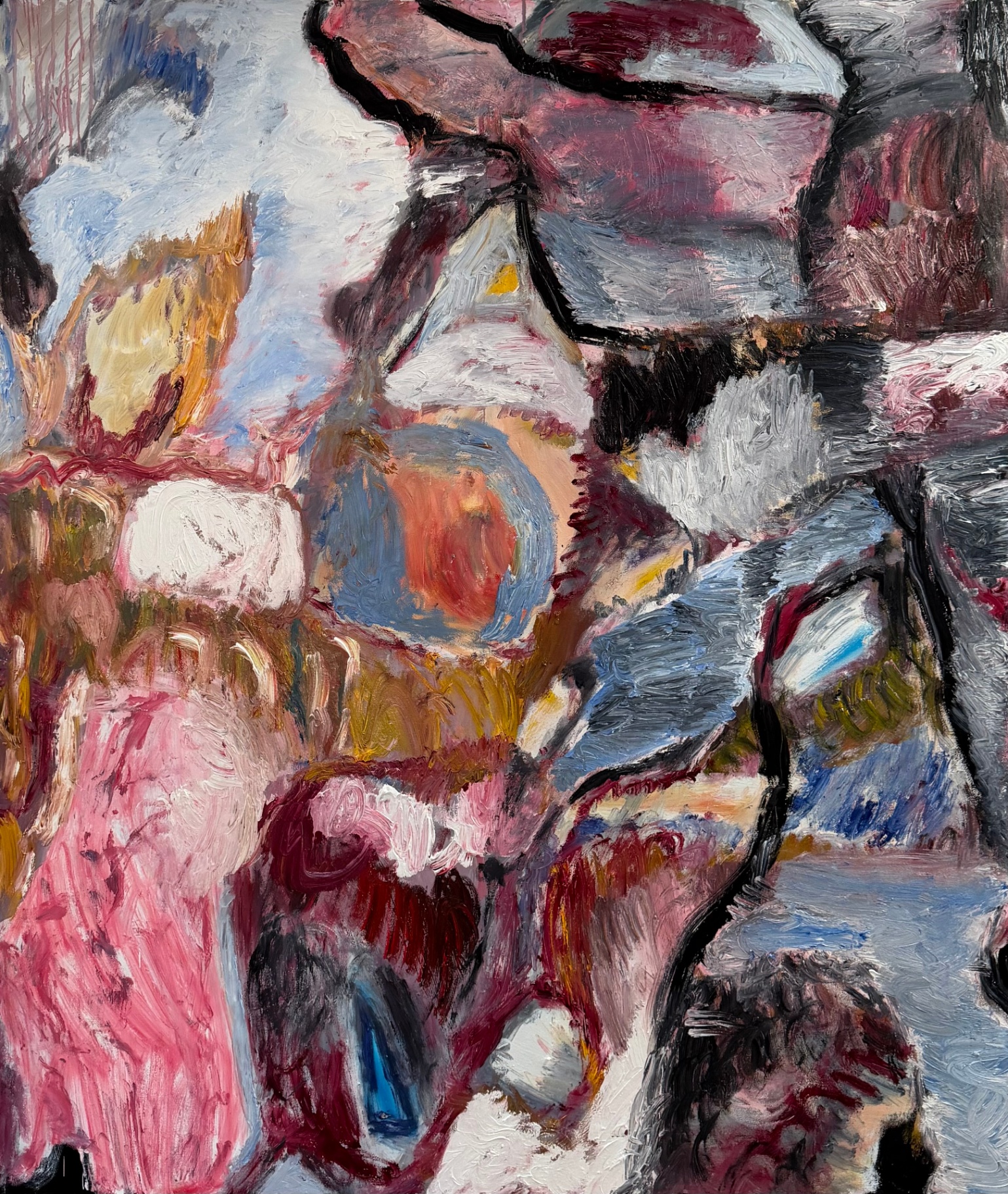 Untitled — abstract oil painting in pinks, blues and ochre by Gustav Hjelmgren