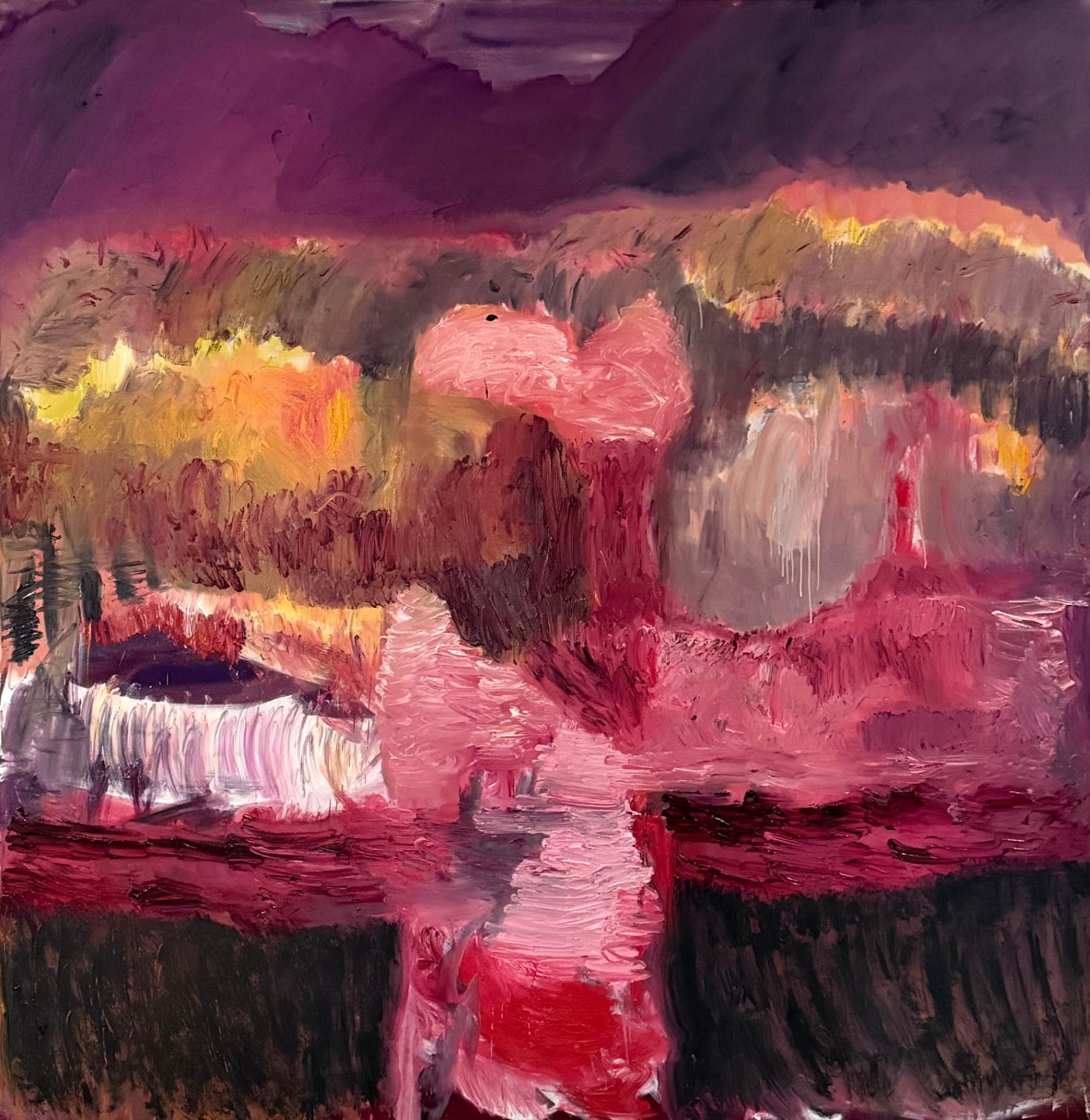 Untitled — abstract oil painting with violet sky and pink central form by Gustav Hjelmgren