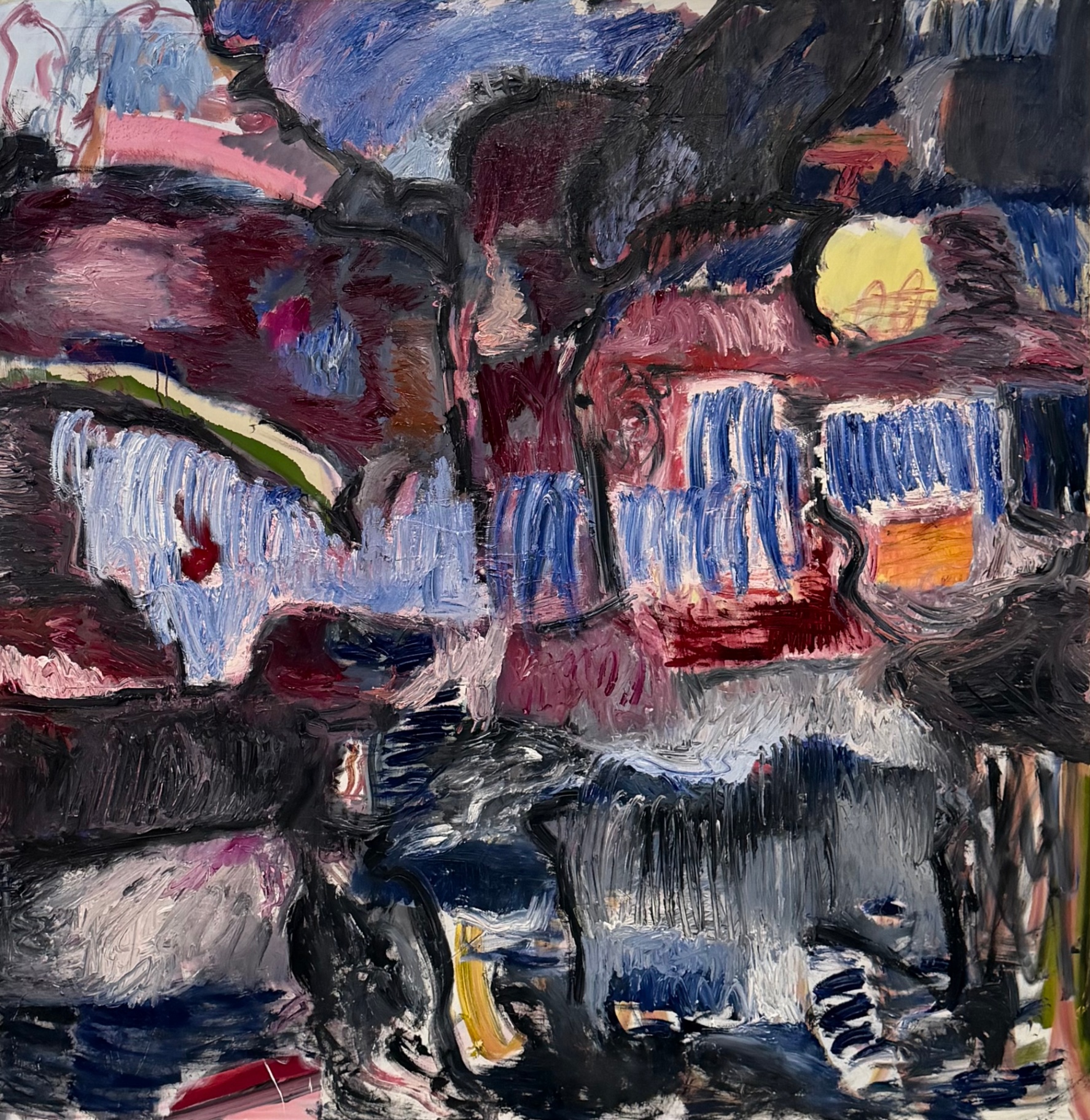Untitled — nocturnal abstract oil painting in deep blues, reds and a yellow moon by Gustav Hjelmgren