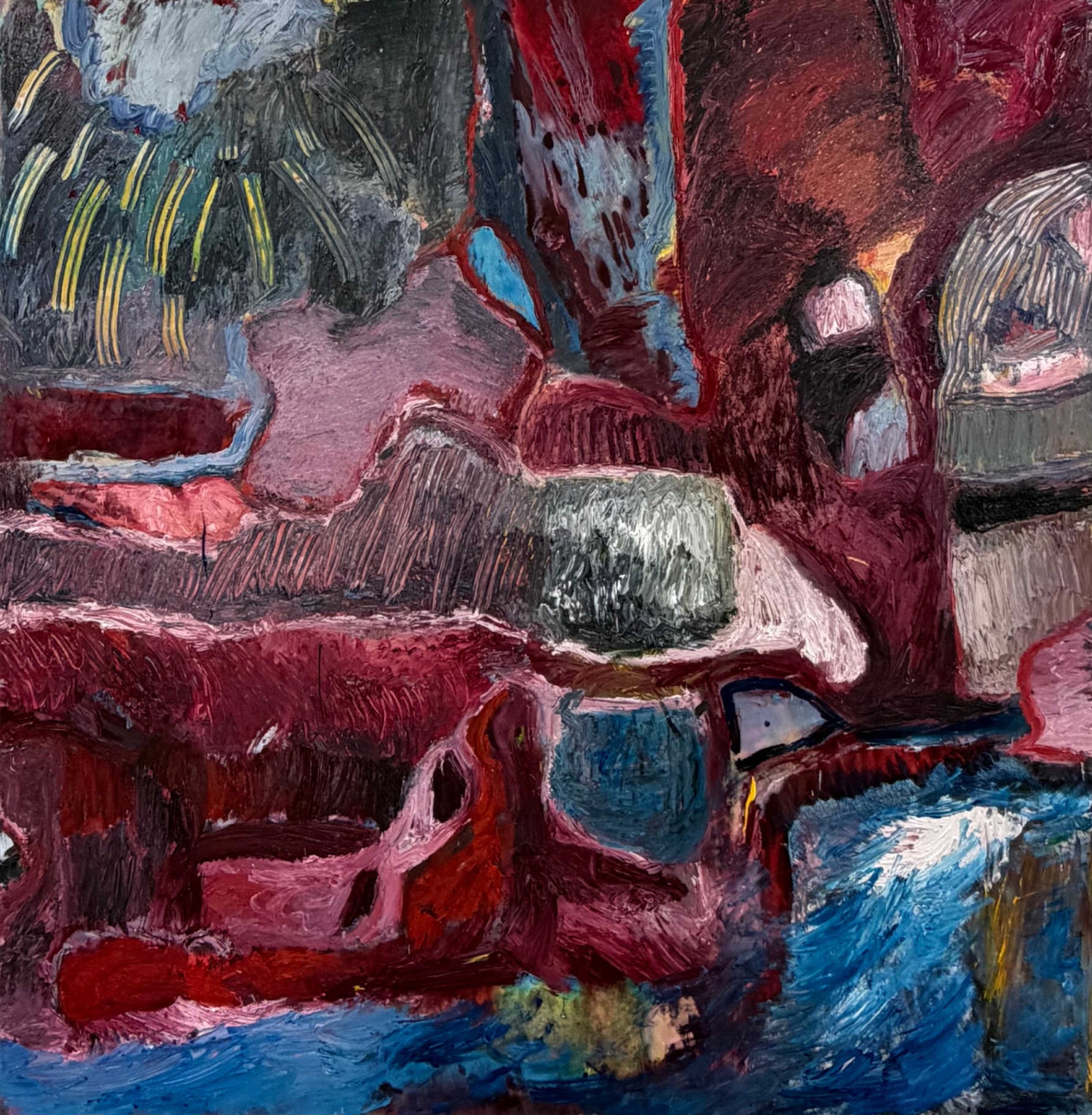 Untitled — abstract oil painting in deep reds, pinks and blues by Gustav Hjelmgren