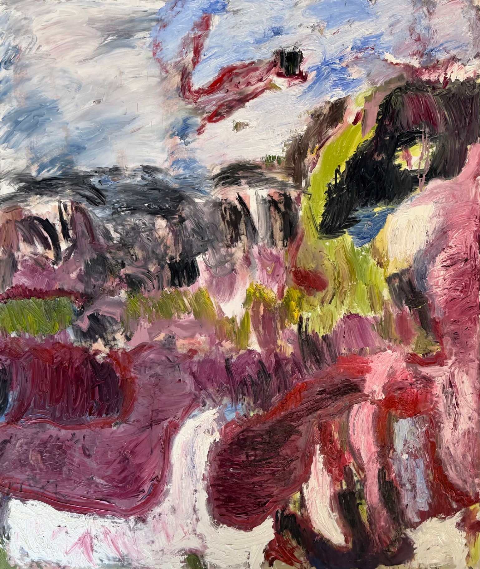 Untitled — abstract oil painting with pink, magenta and chartreuse forms beneath a blue and white sky by Gustav Hjelmgren